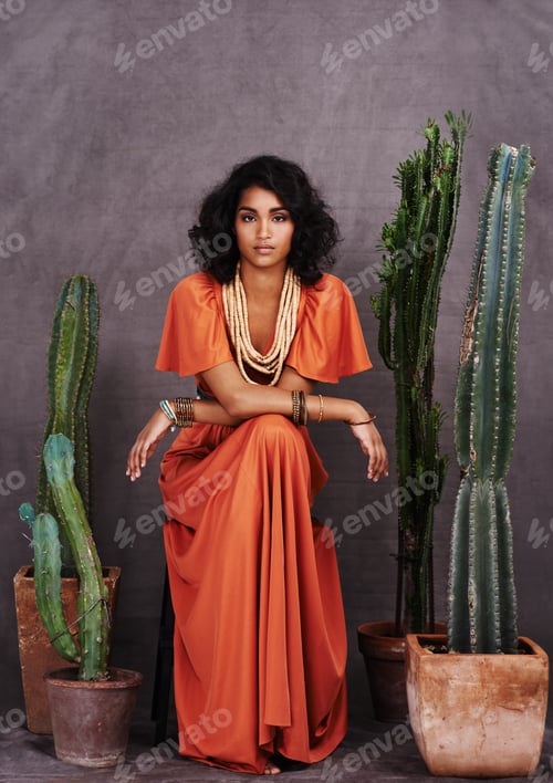 Preview: Studio portrait of a beautiful young ethnic woman sitting amongst cacti against a gray background