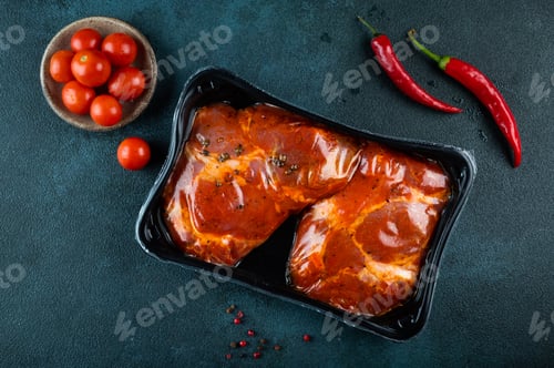 Preview: Vacuum-packed meat, pork steak. Semifinished food. Vacuum packing set