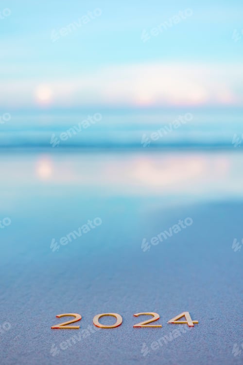 Preview: handwritten inscription 2024 on the sand by the sea, happy new year