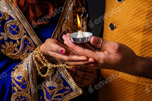 Preview: indian female and hindu man celebration divali studio background