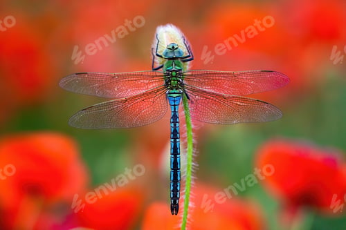 Preview: Southern migrant hawker sitting on red poppy flower