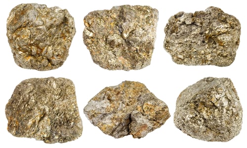 Preview: various samples of raw pyrite minerals isolated