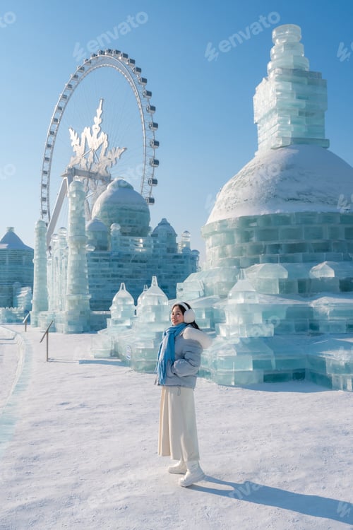 Preview: Young happy female tourist enjoying at ice and snow world festival in Harbin, China