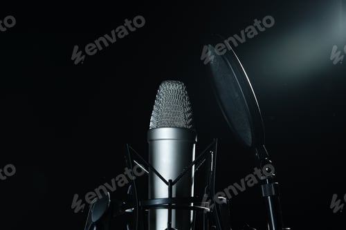 Preview: Professional microphone against black background in studio