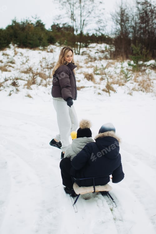 Preview: Mother pulling children sledding in winter