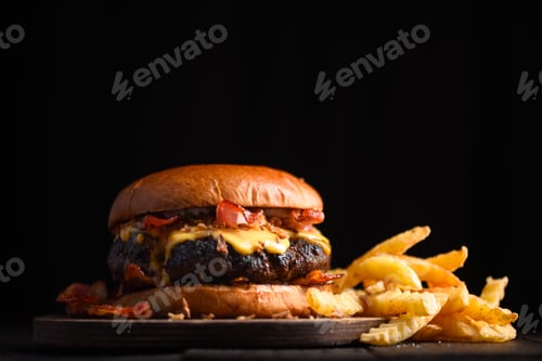 Preview: Appetizing cheeseburger with potato fries