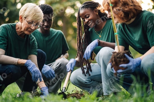 Preview: Group of volunteers planting trees in park