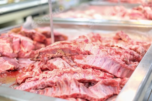 Preview: Close-up. Raw pork in department store.