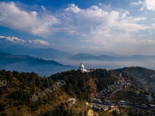 Preview: aerial view of World Peace Pagoda in Pokhara, Nepal