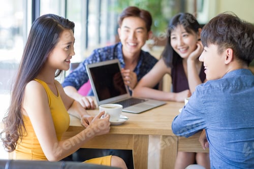 Preview: Young friends using laptop in cafe