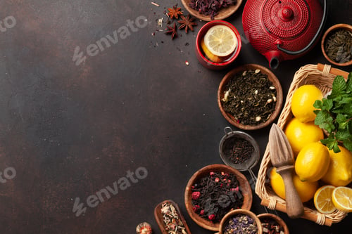 Preview: Various dried tea and teapot