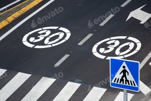 Preview: 30 kilometers hour speed limit sign painted on road