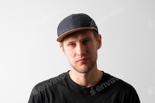 Preview: male person wearing blank simple baseball snapback hat mockup copy space template