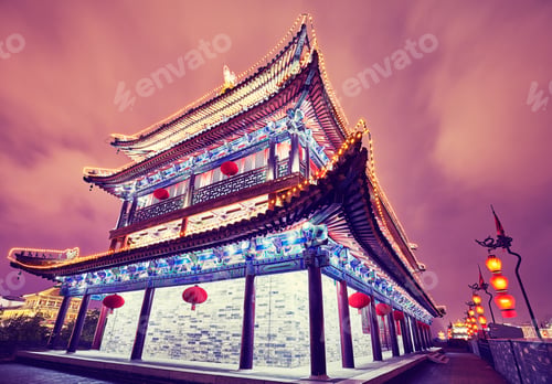 Preview: Xian city wall ancient building at night, China.