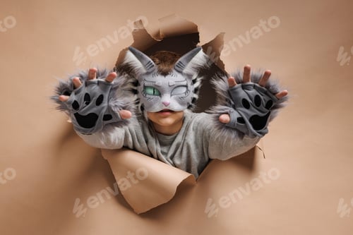 Preview: quadrobics portrait, Teenager in cat mask on beige background, studio photo,