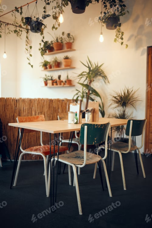 Preview: Cafe, empty space or restaurant design interior with modern table, plant and chairs during the day.