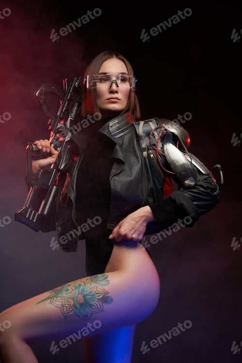 Preview: Martial woman dressed in black clothing poses in dark background