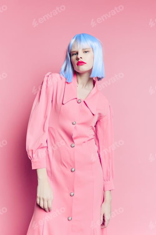 Preview: glamorous woman wears a blue wig makeup isolated background