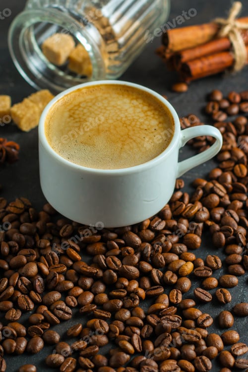 Preview: Coffee Fresh And Hot In A White Cup, Aroma. Serving Of Beverage (Coffee Grain). Food. Top View