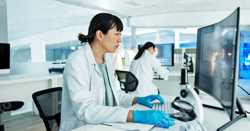 Preview: Scientist, woman and reading by computer in lab with medical research, review or solution with phar