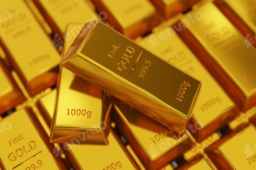 Preview: Top-down view of stacked 1kg 24k gold bars. High-quality bullion with 999.9 Fine Gold
