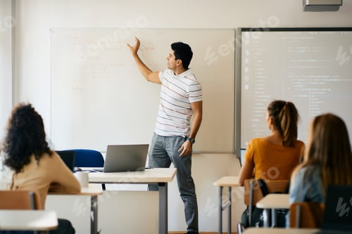 Preview: Male professor giving lecture during IT class in the classroom at high school.