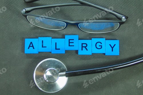 Preview: stethoscope and glasses with the word allergy.