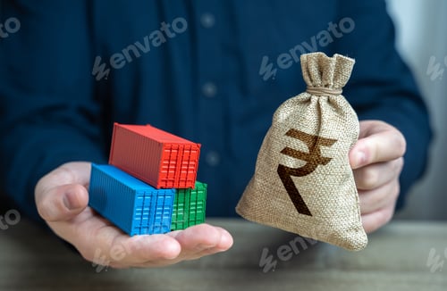 Preview: Shipping containers and indian rupee money bag. Make a trade deal.