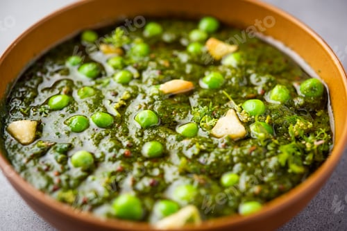 Preview: palak matar curry also known as spinach geen peas masala sabzi or sabji, indian food