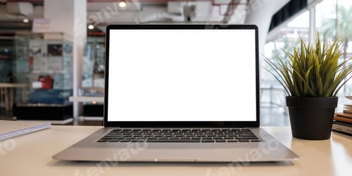 Preview: Blank screen Laptop computer and poster workspace background in modern office