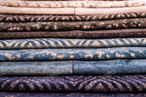 Preview: Stacked Colorful Fabric Samples in Blue and Brown