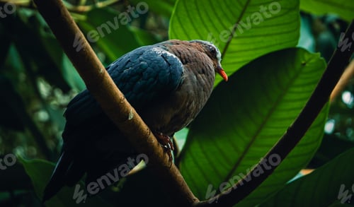 Preview: Beautiful colorful exotic bird in a zoo exotarium against a background of tropical plants