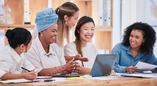 Preview: Diverse females only talking and planning business strategy and growth together in a meeting at the