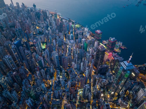 Preview: Central, Hong Kong 06 December 2021: Top down view of Hong Kong city at night