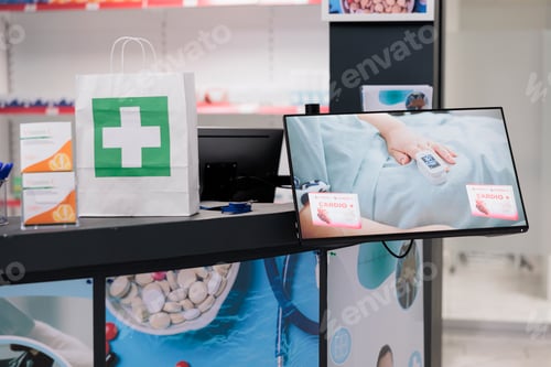 Preview: Empty health care facility equipped with display with drugstore adds on it