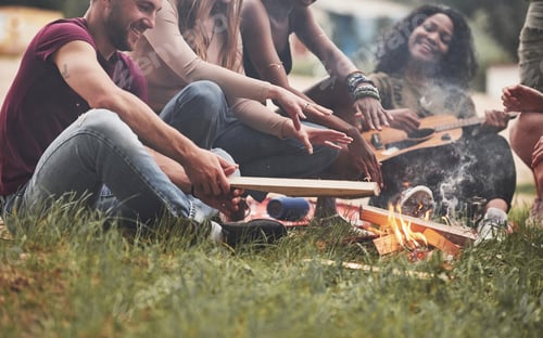 Preview: Feeling free. Group of people have picnic on the beach. Friends have fun at weekend time