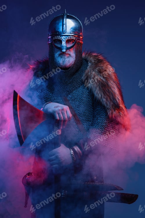 Preview: Bearded old man fighter with axe in fog