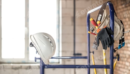 Preview: Working construction tool. Builder's accessories. House and house renovation concept.