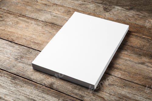 Preview: Stack of blank paper sheets for brochure on wooden background. Mock up