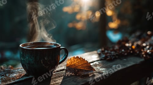 Preview: Falling Autumn Leaf-Steaming beverage and leaf on rustic wood. Serene outdoor scene. Autumn warmth.
