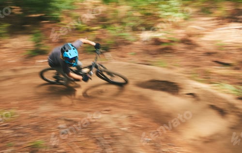 Preview: Bike, motion blur and cycling trail on path for adventure, speed and power from above. Fast athlete