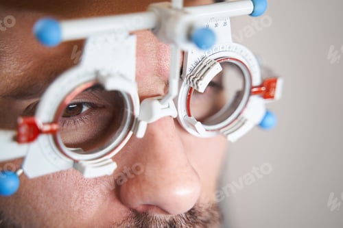 Preview: Trial frame on face of man in oculist office