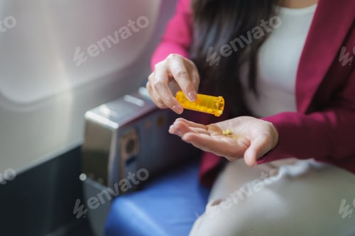 Preview: Businesswoman taking pills during flight for air sickness or motion sickness