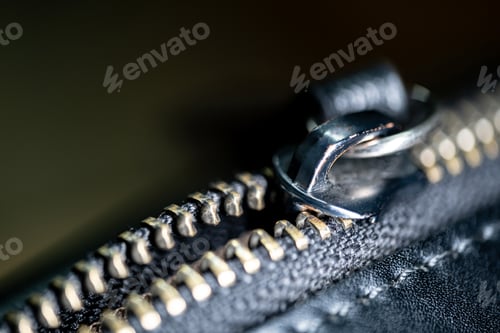 Preview: Close-up of metal zipper on black leather