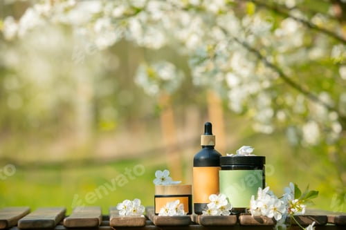 Preview: Cosmetic jar on wooden table in blooming tree spring garden
