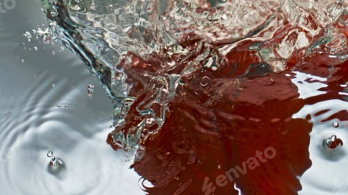 Preview: Closeup paprika splashing liquid in light background. Hot spicy vegetable bounce