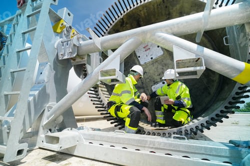 Preview: Two engineers in high-visibility gear inspect a large wind turbine component