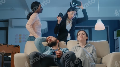 Preview: Woman losing video games with vr glasses and joystick