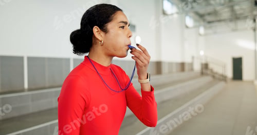 Preview: Fitness, swimming and whistle with personal trainer woman in gym for start of training drills. Card
