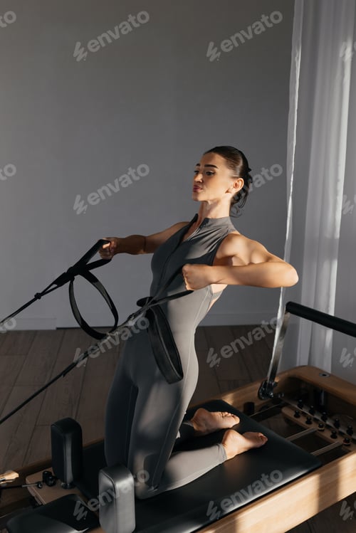 Preview: Pilates reformer training machine with female model in sunlit studio